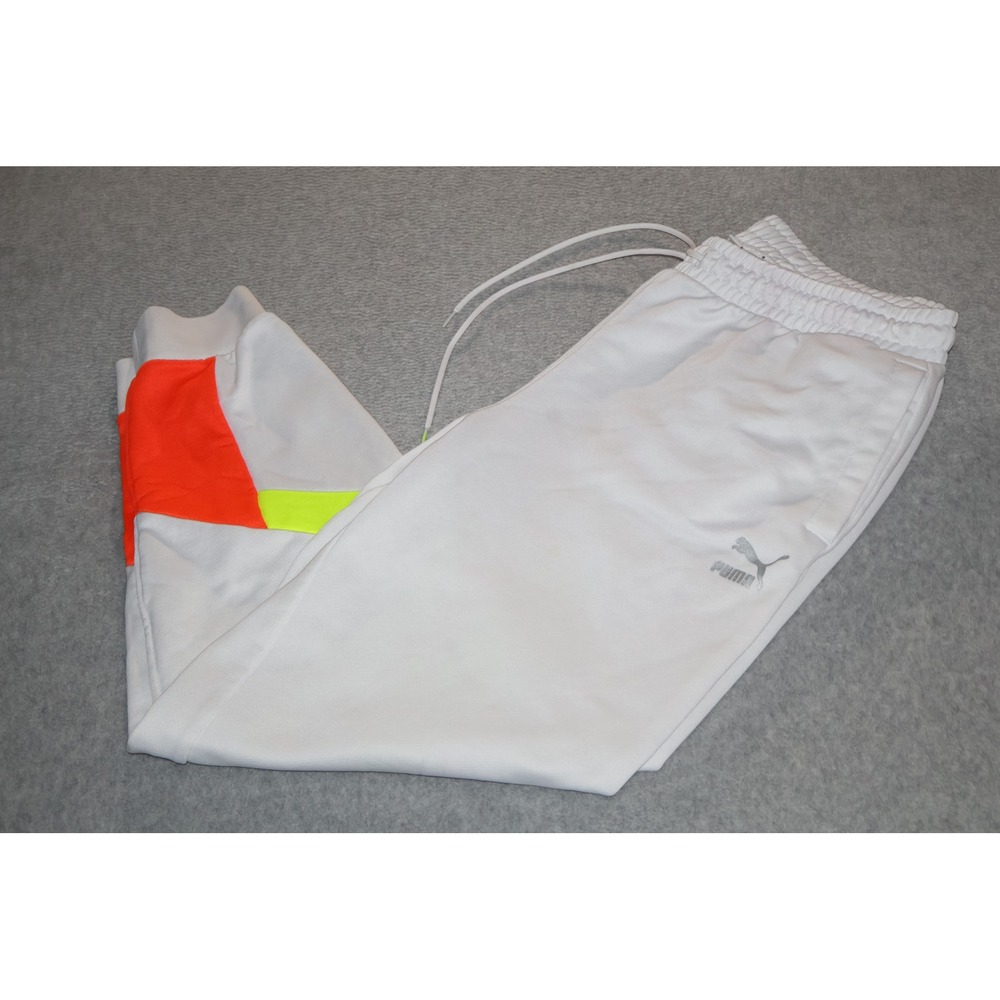 PUMA Gym Track Pants Mens XL White Neon Colorblock Joggers Workout **